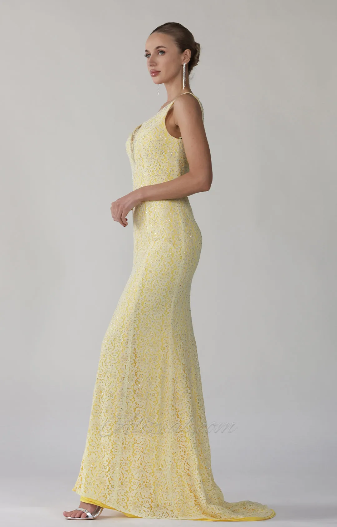 Deep V-Neck Wide Shoulder Straps Front Split Lace Evening Dress