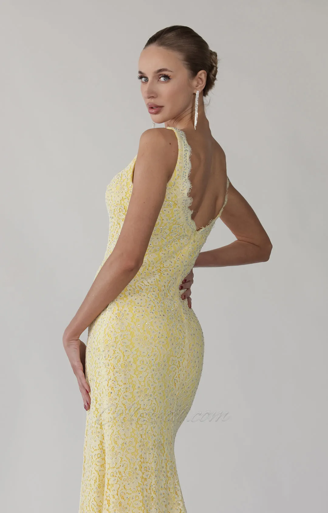 Deep V-Neck Wide Shoulder Straps Front Split Lace Evening Dress