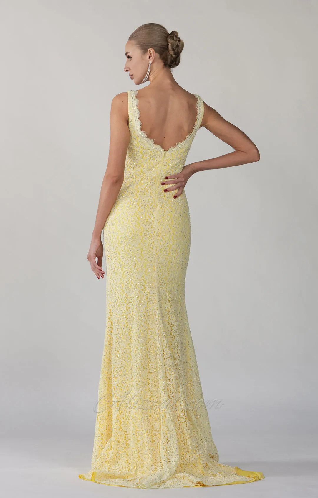 Deep V-Neck Wide Shoulder Straps Front Split Lace Evening Dress