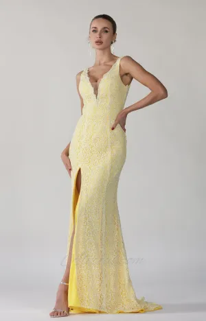Deep V-Neck Wide Shoulder Straps Front Split Lace Evening Dress