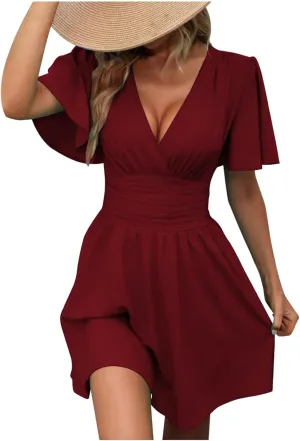 Dresses for Women 2025 Elegant Classy Ruffle A Line Summer Dresses Deep V Neck Sexy Dresses Short Sleeve Mini Dress