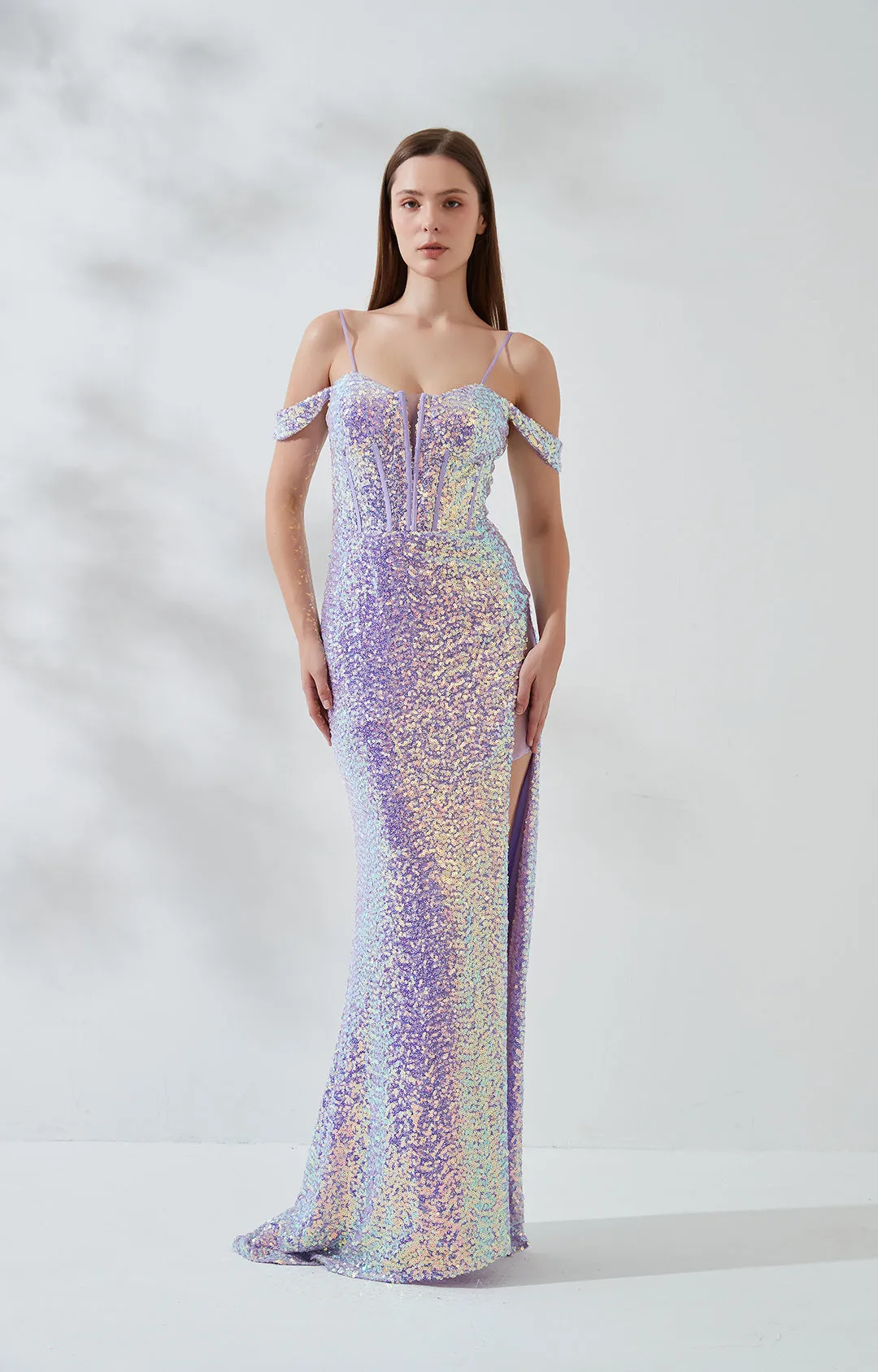 Drop Shoulder Sleeves Glitter Sequin Floor-length Side Split Evening Dress