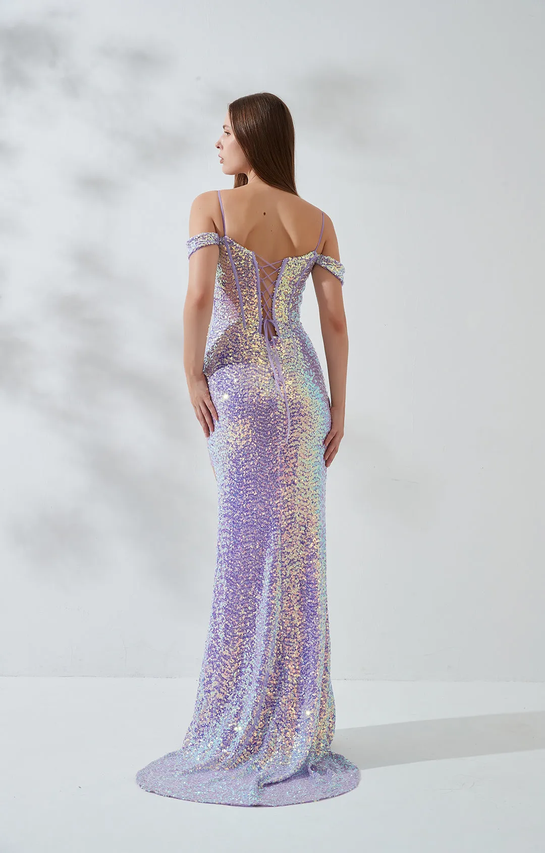 Drop Shoulder Sleeves Glitter Sequin Floor-length Side Split Evening Dress