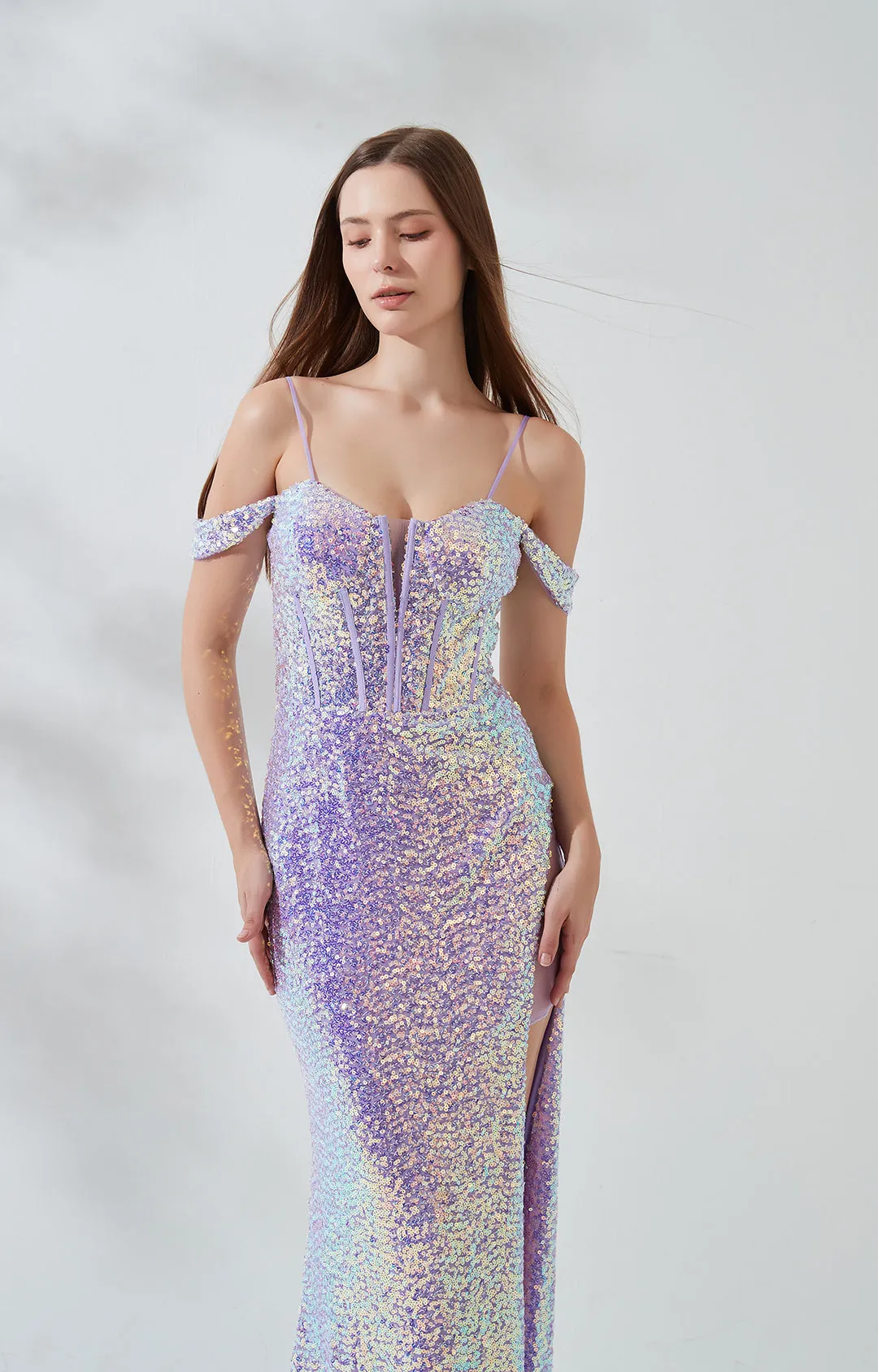 Drop Shoulder Sleeves Glitter Sequin Floor-length Side Split Evening Dress