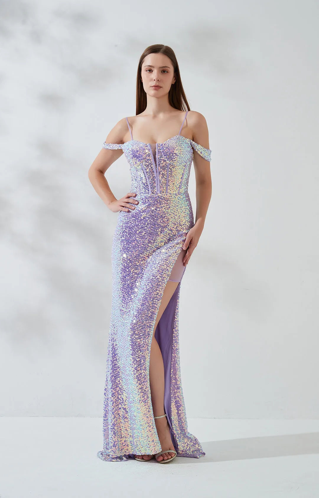Drop Shoulder Sleeves Glitter Sequin Floor-length Side Split Evening Dress