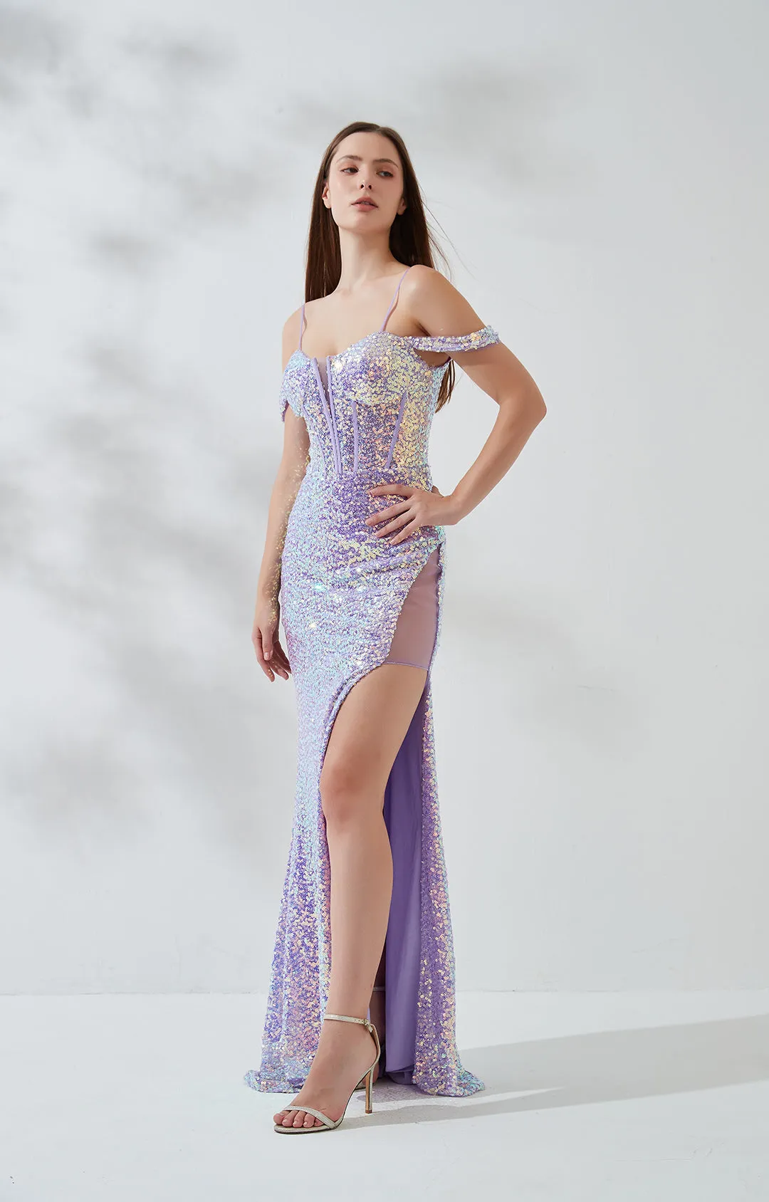 Drop Shoulder Sleeves Glitter Sequin Floor-length Side Split Evening Dress