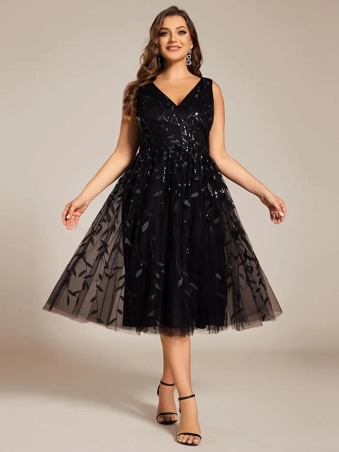 Ever-Pretty A Line V Neck Sleeveless Sequin Plus Size Midi Summer Cocktail Wedding Guest Dresses for Curvy Women 02106-DA