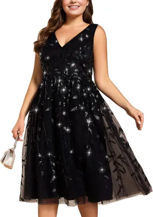 Ever-Pretty A Line V Neck Sleeveless Sequin Plus Size Midi Summer Cocktail Wedding Guest Dresses for Curvy Women 02106-DA