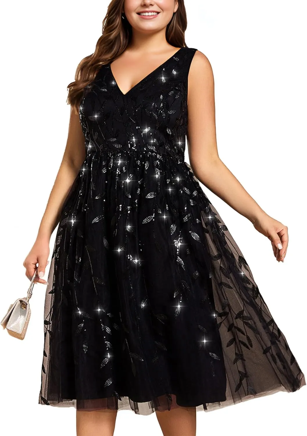 Ever-Pretty A Line V Neck Sleeveless Sequin Plus Size Midi Summer Cocktail Wedding Guest Dresses for Curvy Women 02106-DA