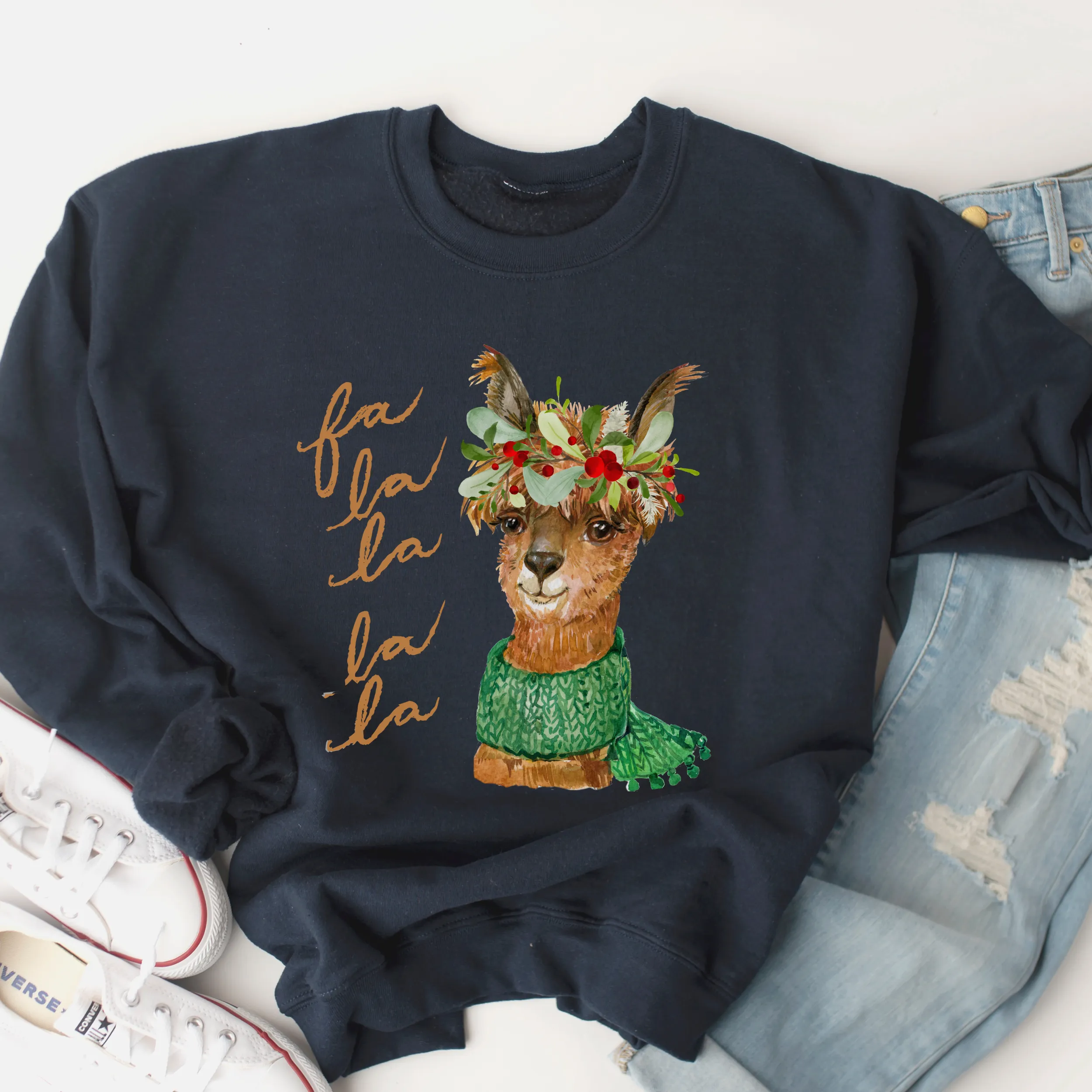 Fa La La La Llama Christmas Crewneck Sweatshirt Women's Watercolor Llama in a Cute Green Winter Scarf Christmas Gift Sweatshirt