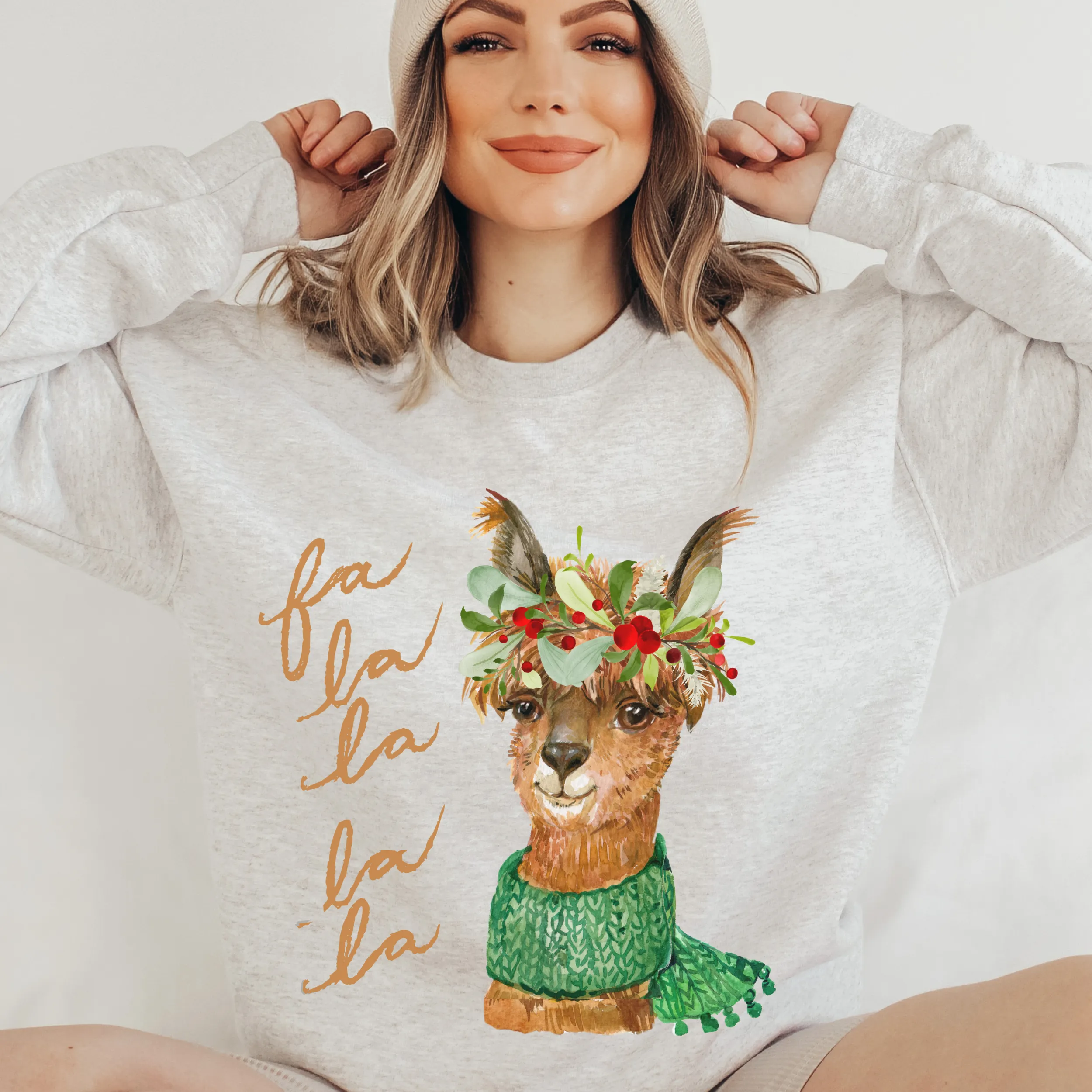 Fa La La La Llama Christmas Crewneck Sweatshirt Women's Watercolor Llama in a Cute Green Winter Scarf Christmas Gift Sweatshirt