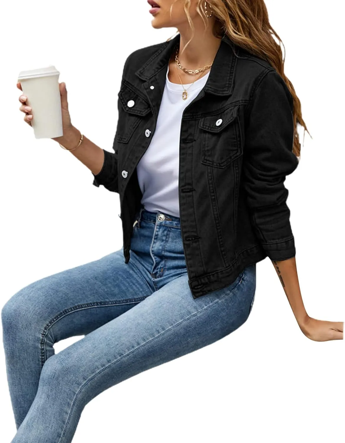FOMOYUU Women's Cropped Denim Jacket Button Down Long Sleeve Vintage Casual Jean Coat Classic Trucker Jacket Outerwear