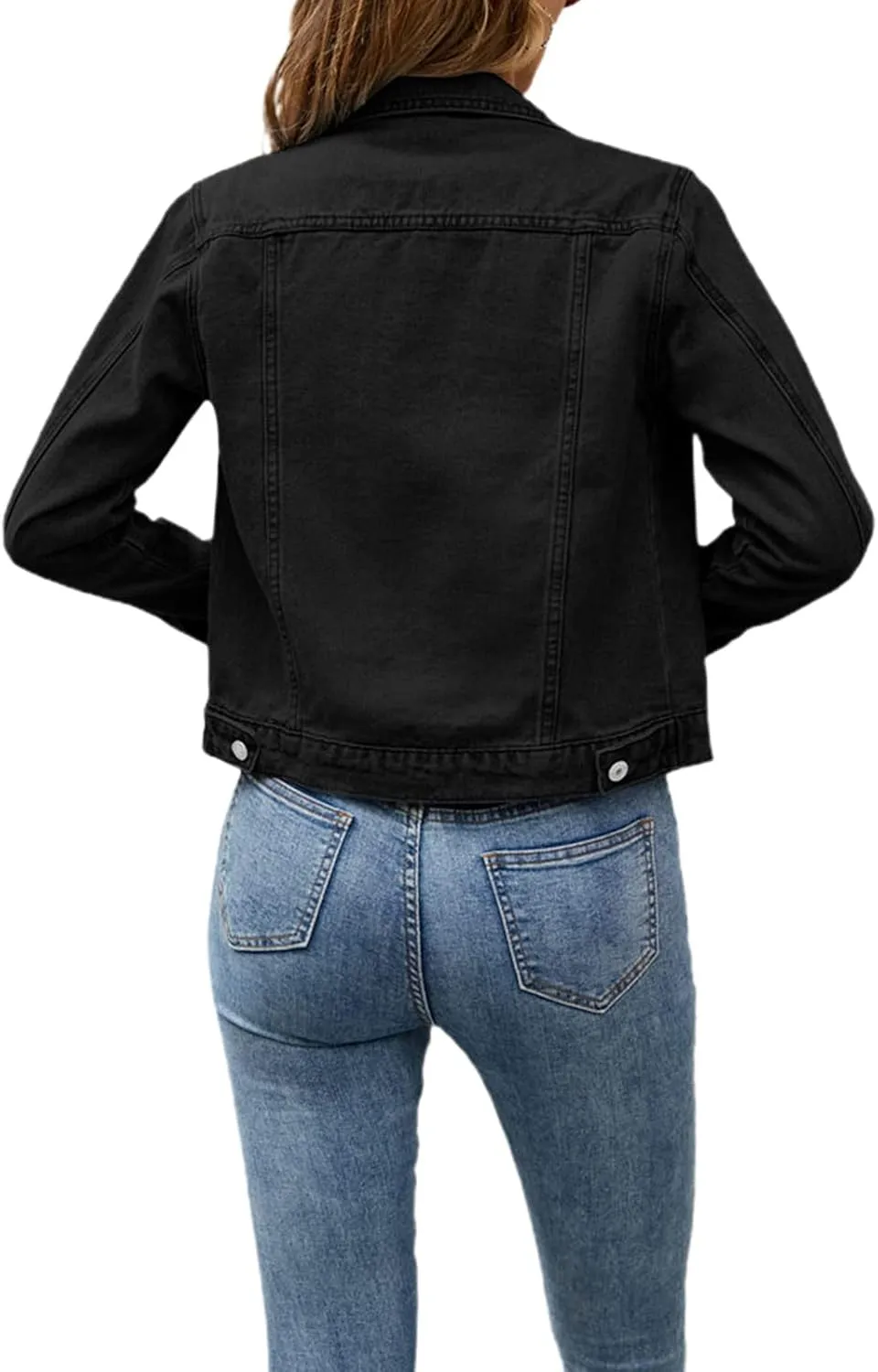 FOMOYUU Women's Cropped Denim Jacket Button Down Long Sleeve Vintage Casual Jean Coat Classic Trucker Jacket Outerwear