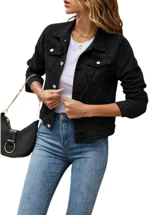 FOMOYUU Women's Cropped Denim Jacket Button Down Long Sleeve Vintage Casual Jean Coat Classic Trucker Jacket Outerwear
