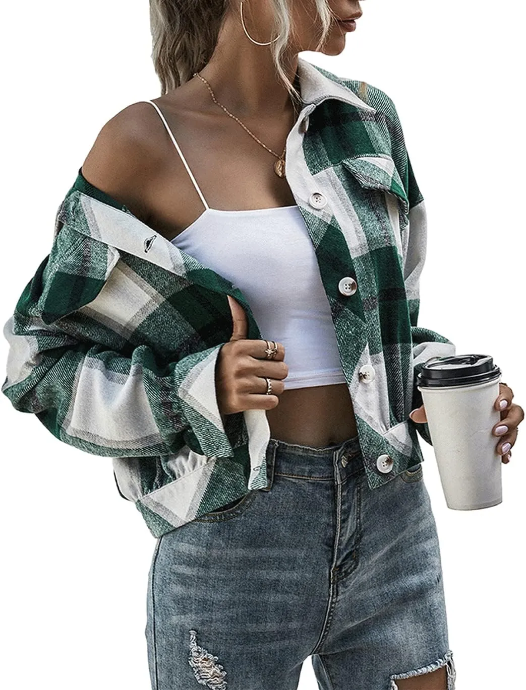 Haellun Womens Wool Blend Plaid Flannel Button Down Shirts Jacket Shacket Coats