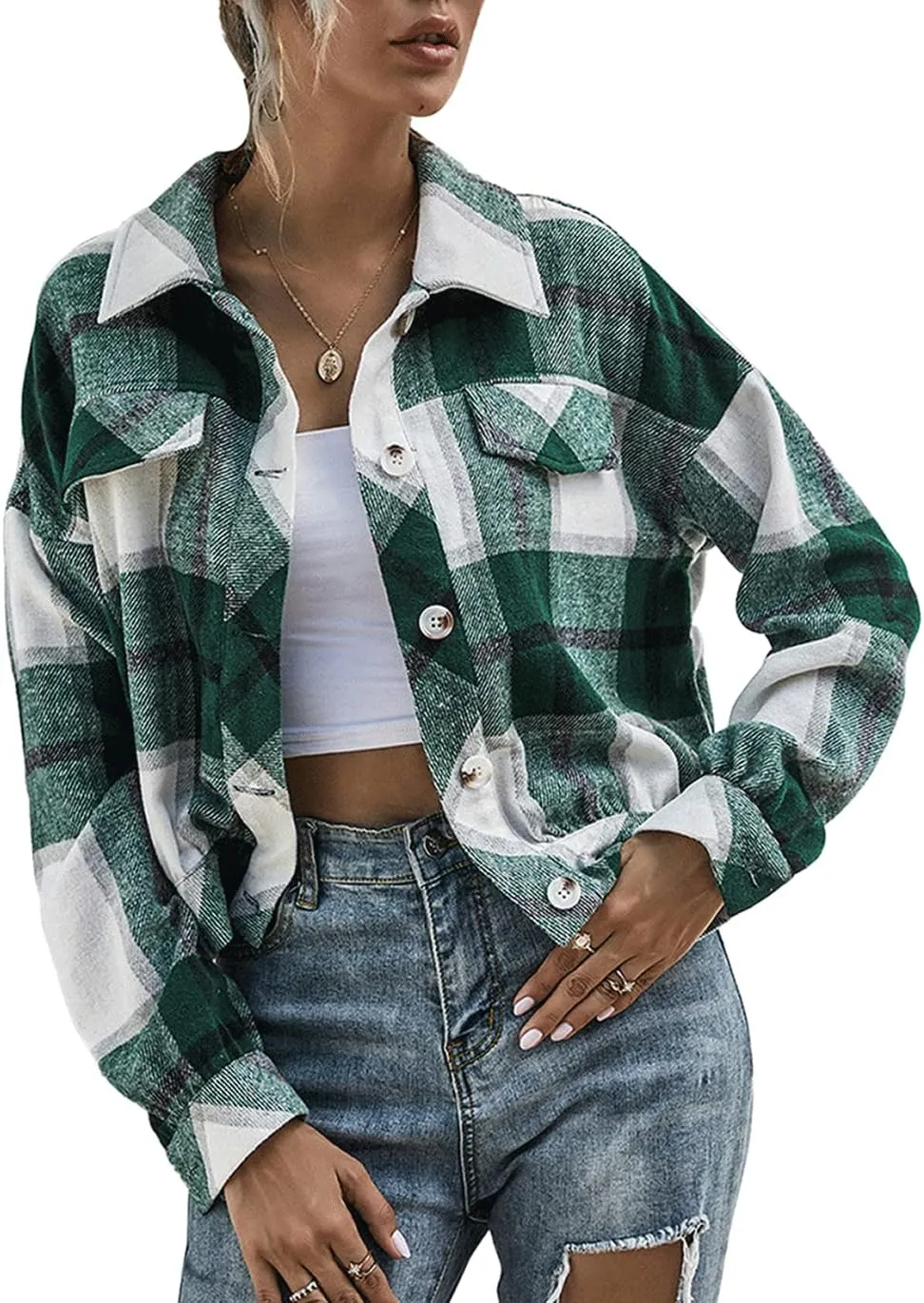Haellun Womens Wool Blend Plaid Flannel Button Down Shirts Jacket Shacket Coats
