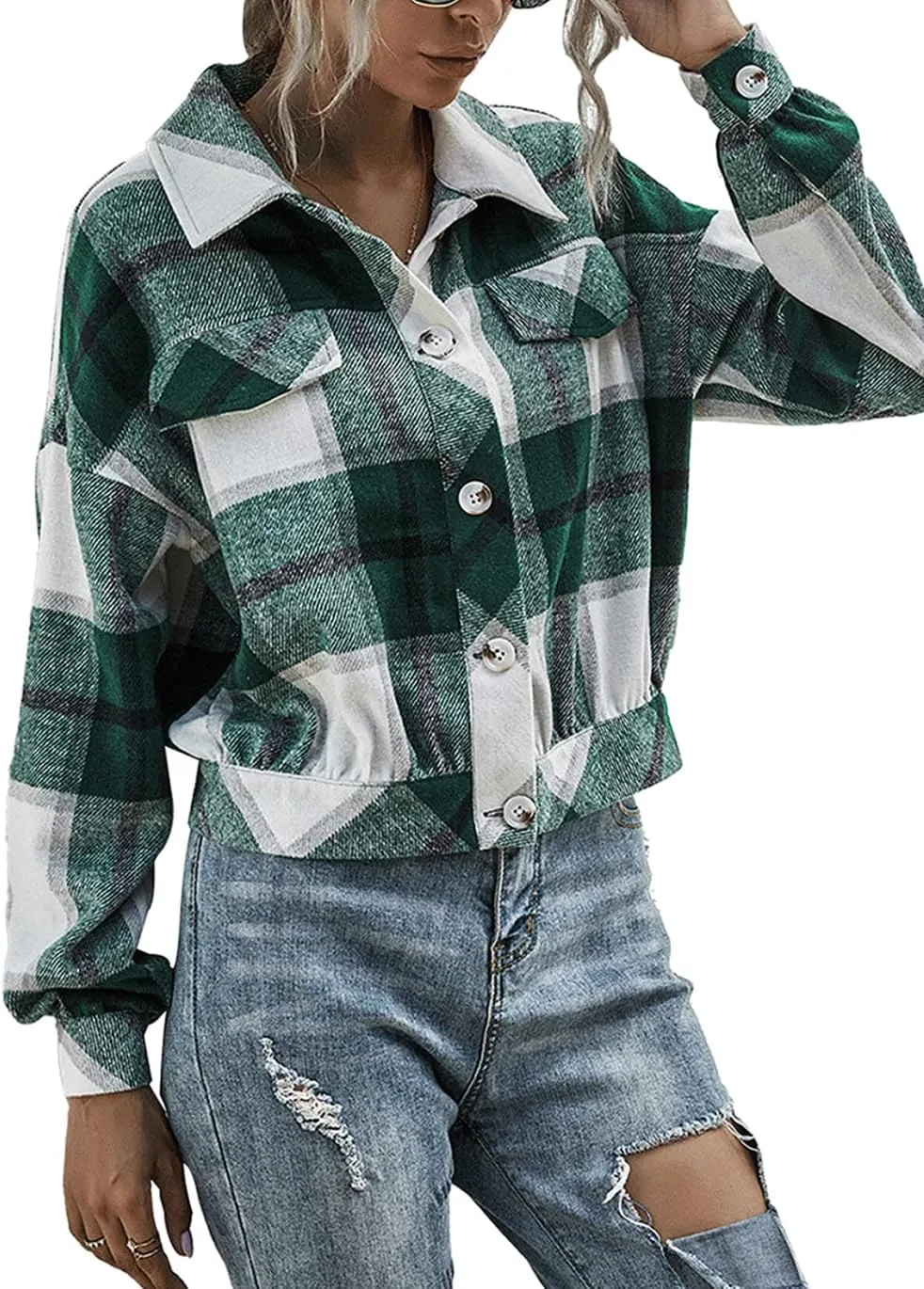 Haellun Womens Wool Blend Plaid Flannel Button Down Shirts Jacket Shacket Coats