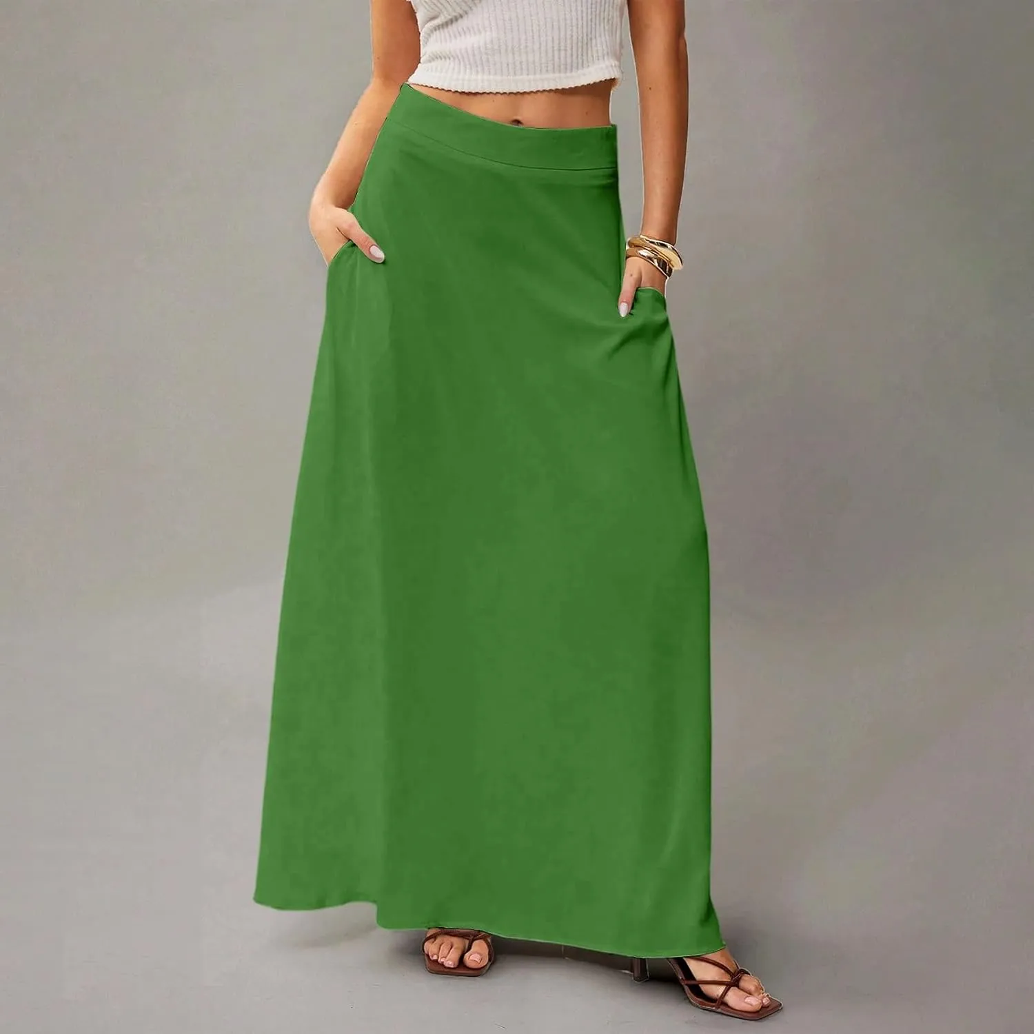 HAVUITYY Women's 2025 Bohemian Long Skirts Casual Solid Color Flowy High Waist A Line Summer Maxi Skirts for Women