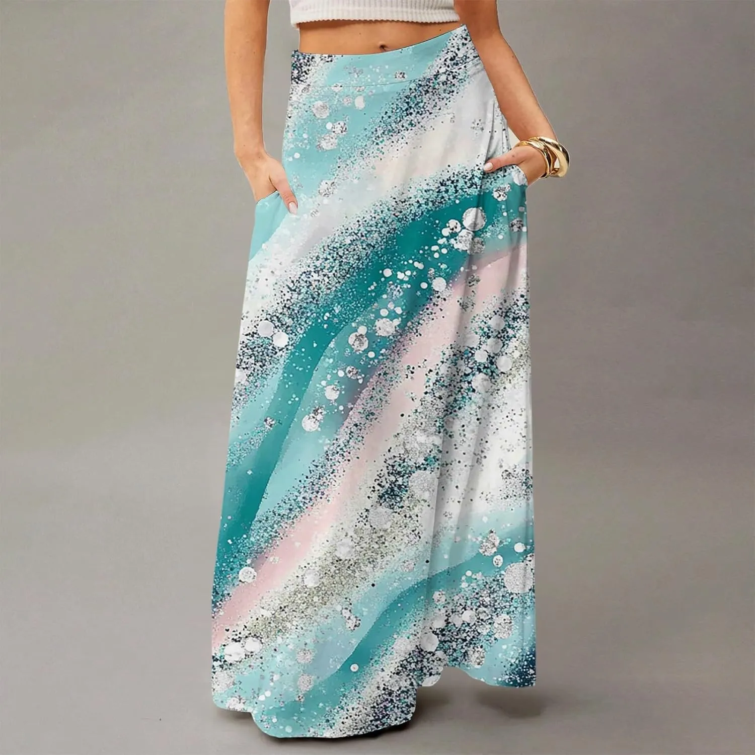 HAVUITYY Women's 2025 Bohemian Long Skirts Ditzy Floral Print Flowy High Waist A Line Summer Maxi Skirts for Women