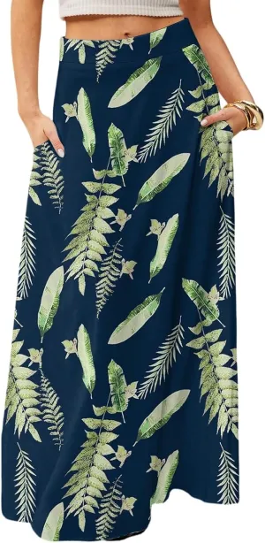 HAVUITYY Women's 2025 Bohemian Long Skirts Ditzy Floral Print Flowy High Waist A Line Summer Maxi Skirts for Women