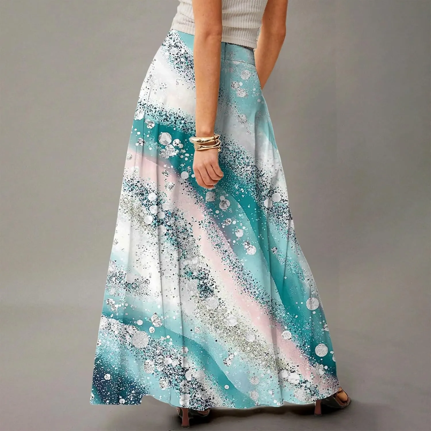 HAVUITYY Women's 2025 Bohemian Long Skirts Ditzy Floral Print Flowy High Waist A Line Summer Maxi Skirts for Women
