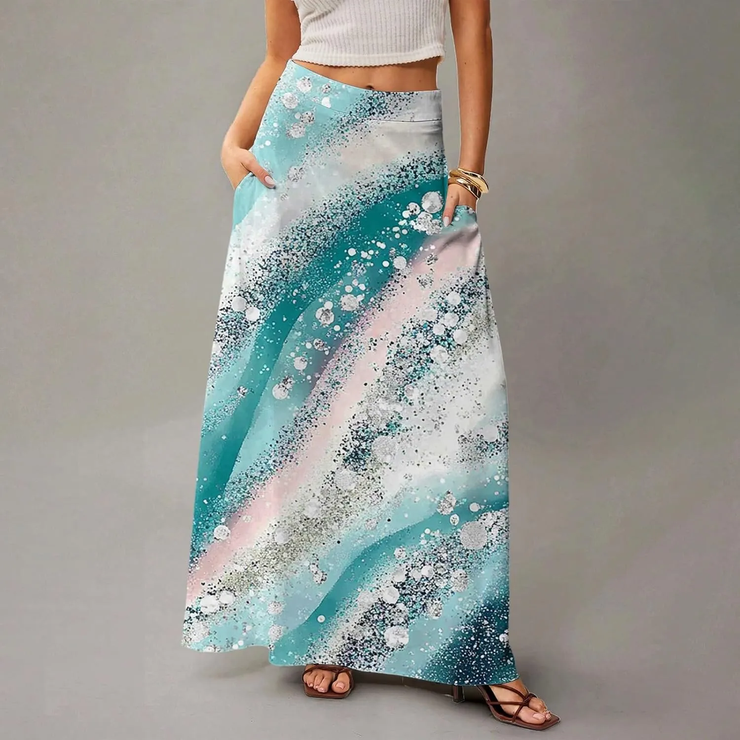 HAVUITYY Women's 2025 Bohemian Long Skirts Ditzy Floral Print Flowy High Waist A Line Summer Maxi Skirts for Women