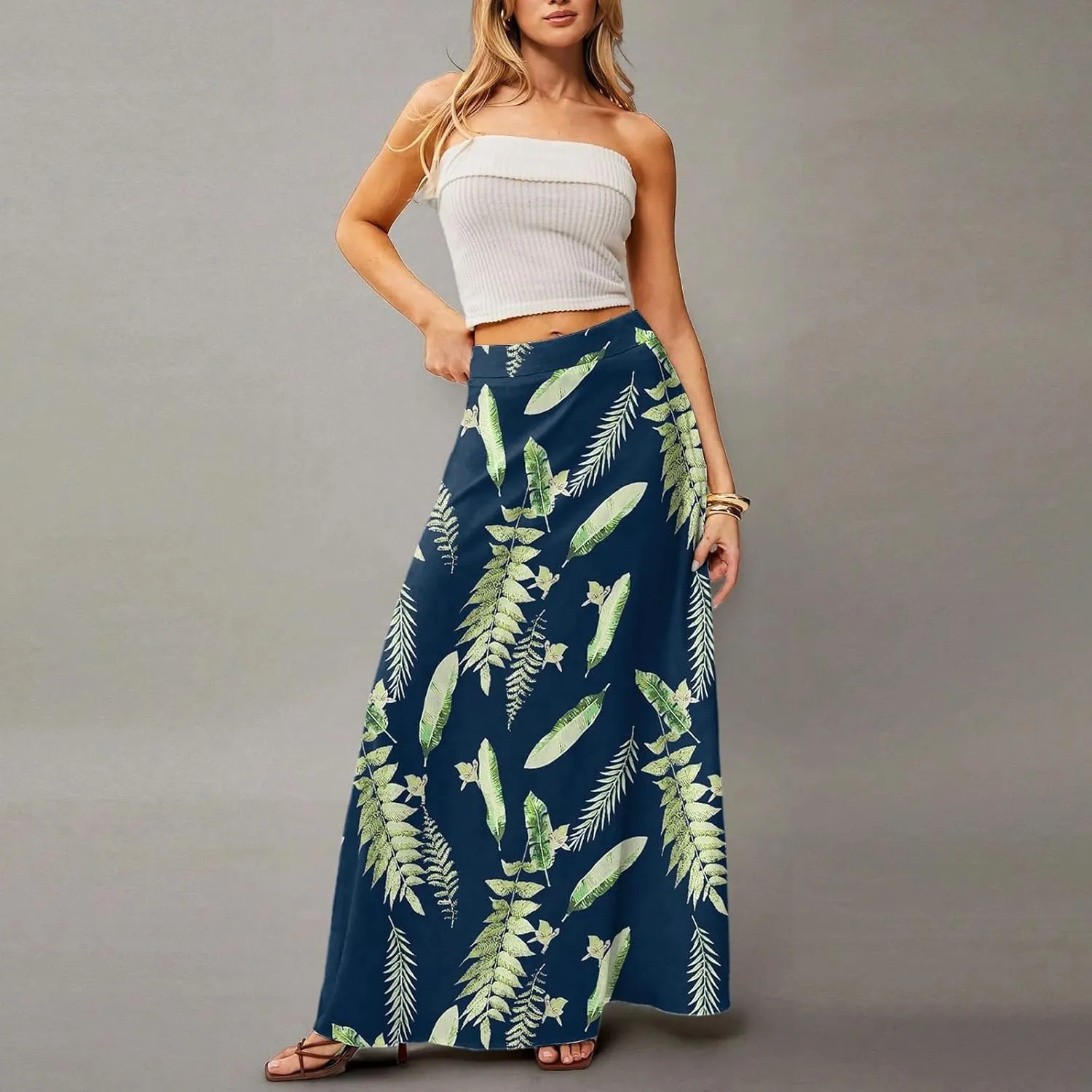 HAVUITYY Women's 2025 Bohemian Long Skirts Ditzy Floral Print Flowy High Waist A Line Summer Maxi Skirts for Women