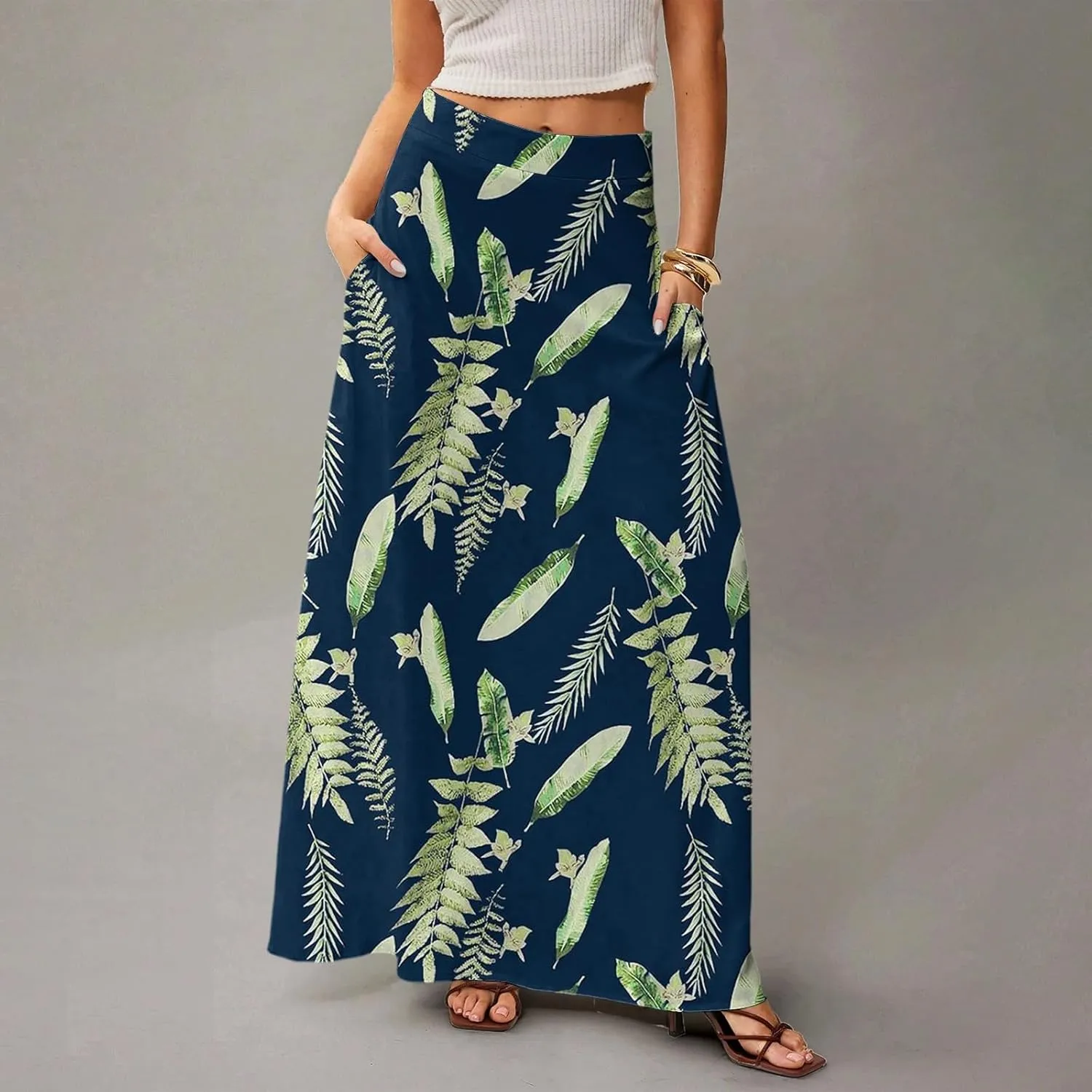 HAVUITYY Women's 2025 Bohemian Long Skirts Ditzy Floral Print Flowy High Waist A Line Summer Maxi Skirts for Women