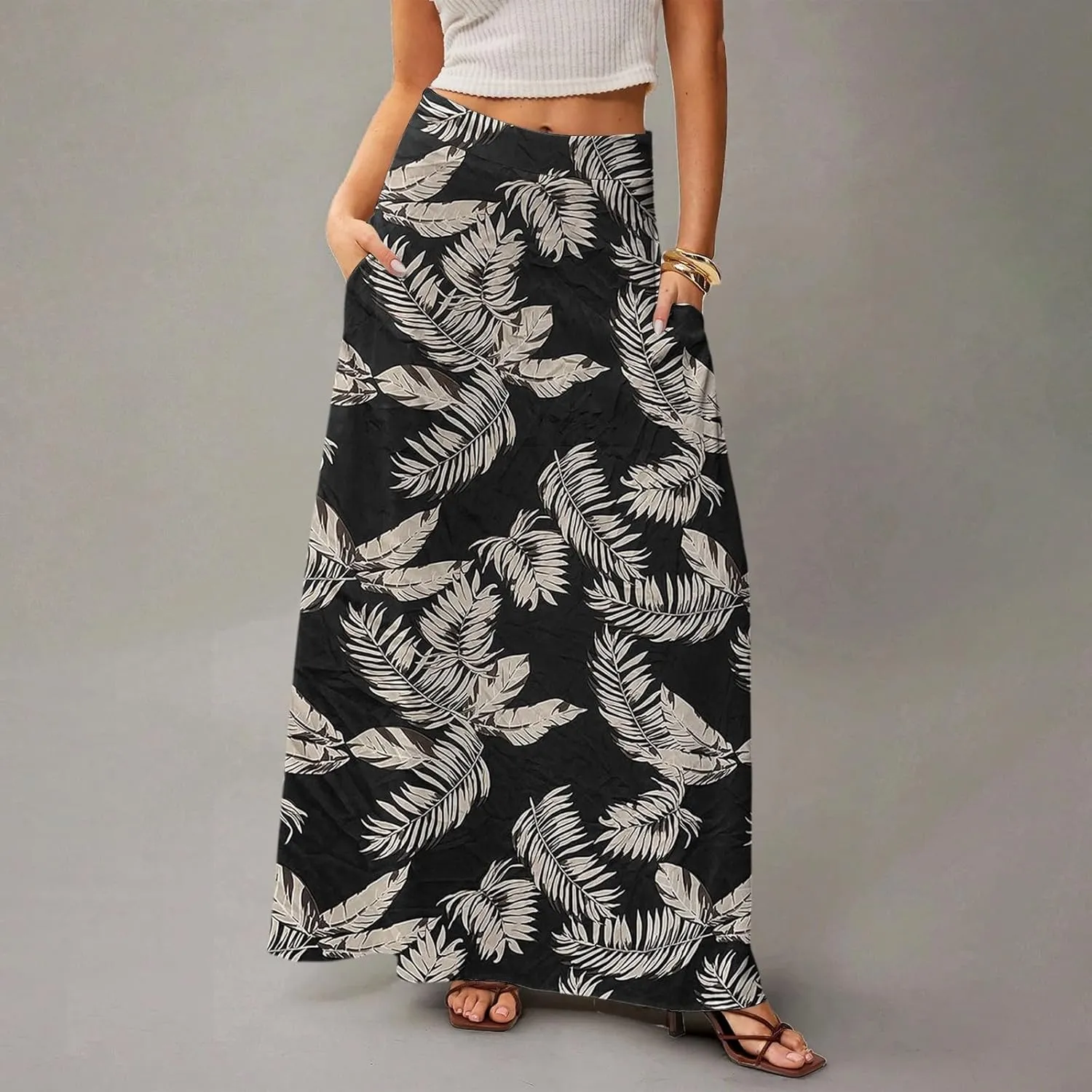 HAVUITYY Women's 2025 Bohemian Long Skirts Ditzy Floral Print Flowy High Waist A Line Summer Maxi Skirts for Women