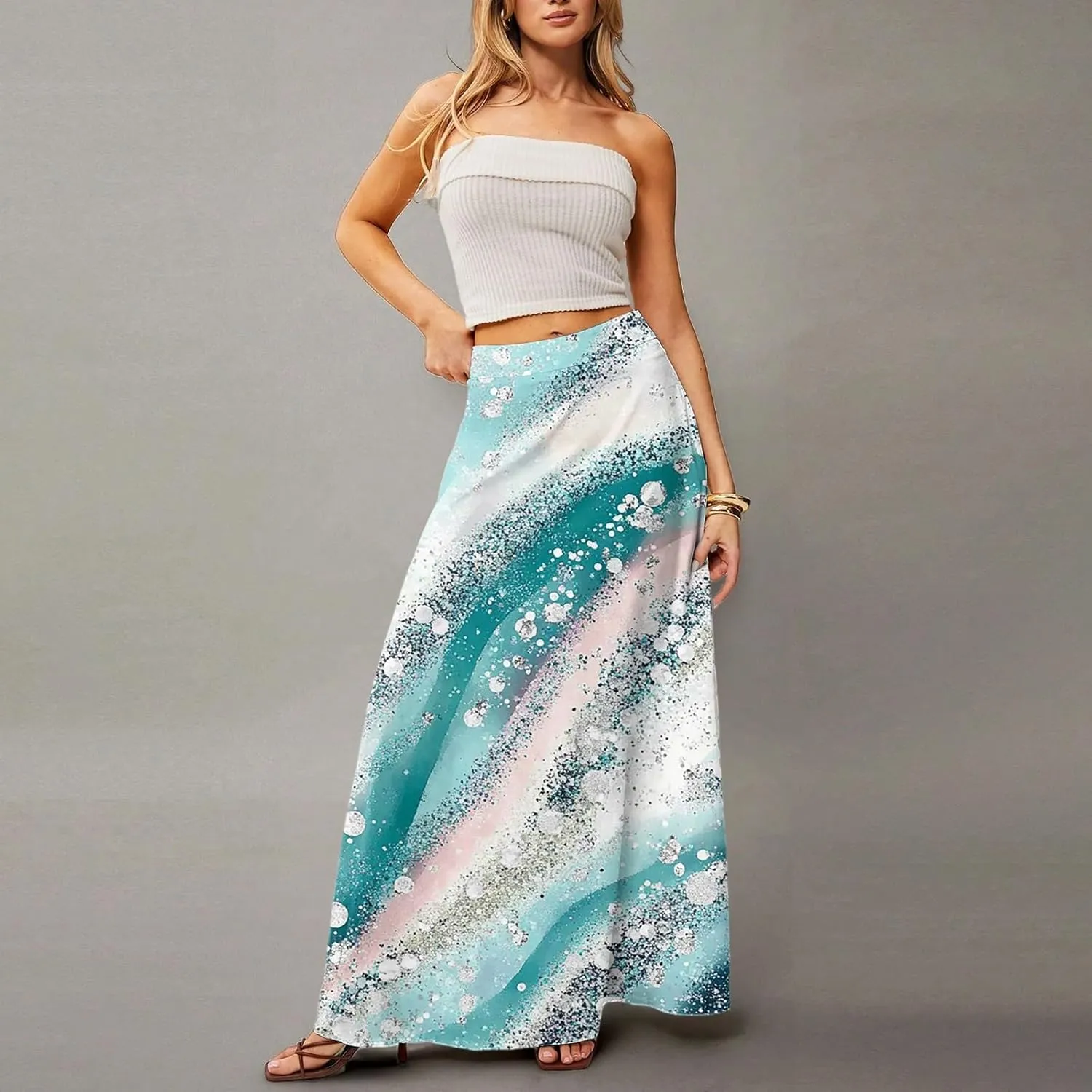 HAVUITYY Women's 2025 Bohemian Long Skirts Ditzy Floral Print Flowy High Waist A Line Summer Maxi Skirts for Women