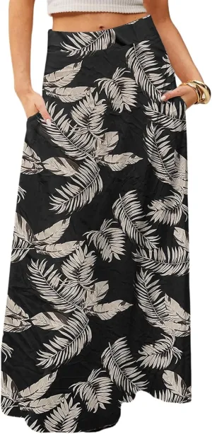 HAVUITYY Women's 2025 Bohemian Long Skirts Ditzy Floral Print Flowy High Waist A Line Summer Maxi Skirts for Women
