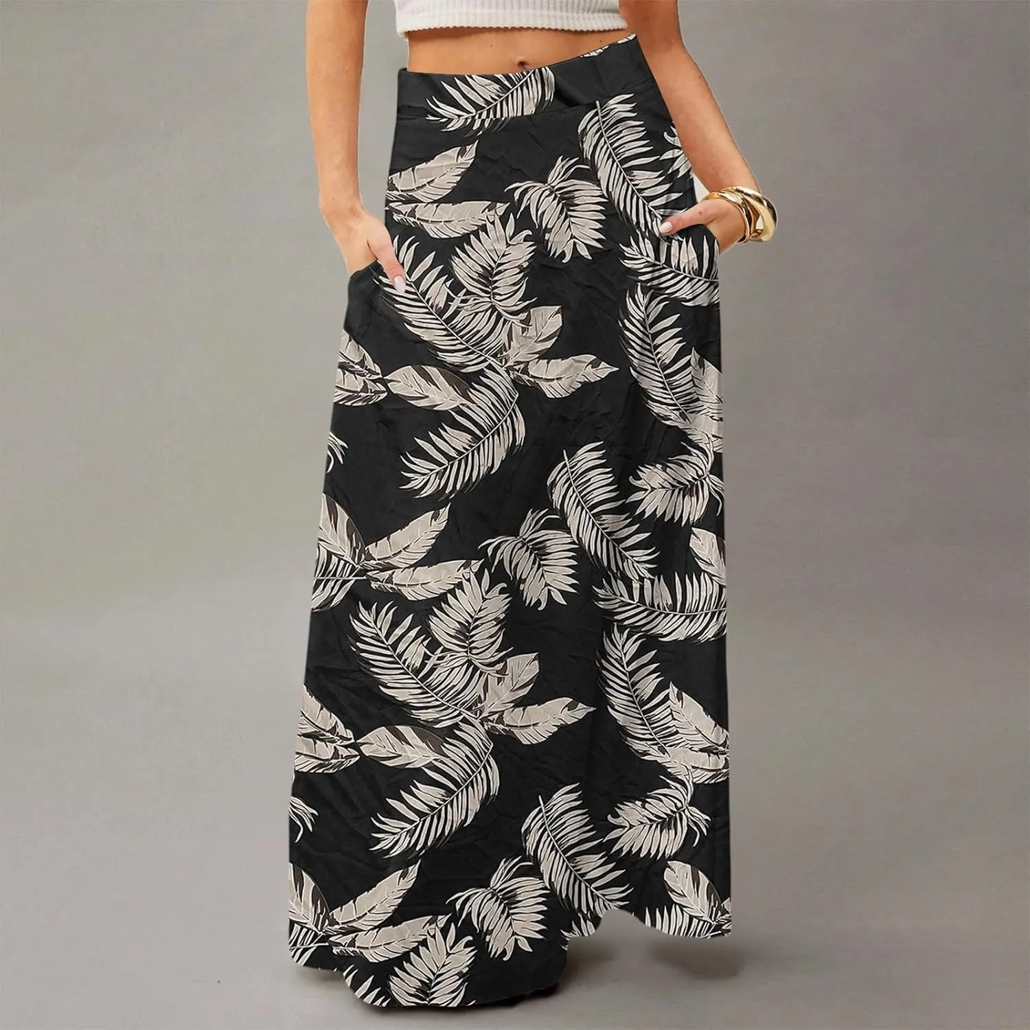 HAVUITYY Women's 2025 Bohemian Long Skirts Ditzy Floral Print Flowy High Waist A Line Summer Maxi Skirts for Women