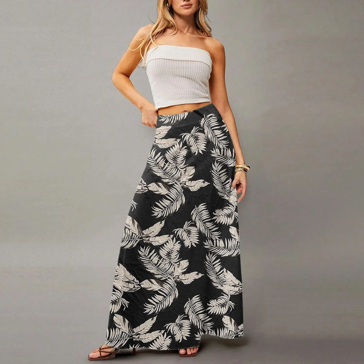 HAVUITYY Women's 2025 Bohemian Long Skirts Ditzy Floral Print Flowy High Waist A Line Summer Maxi Skirts for Women