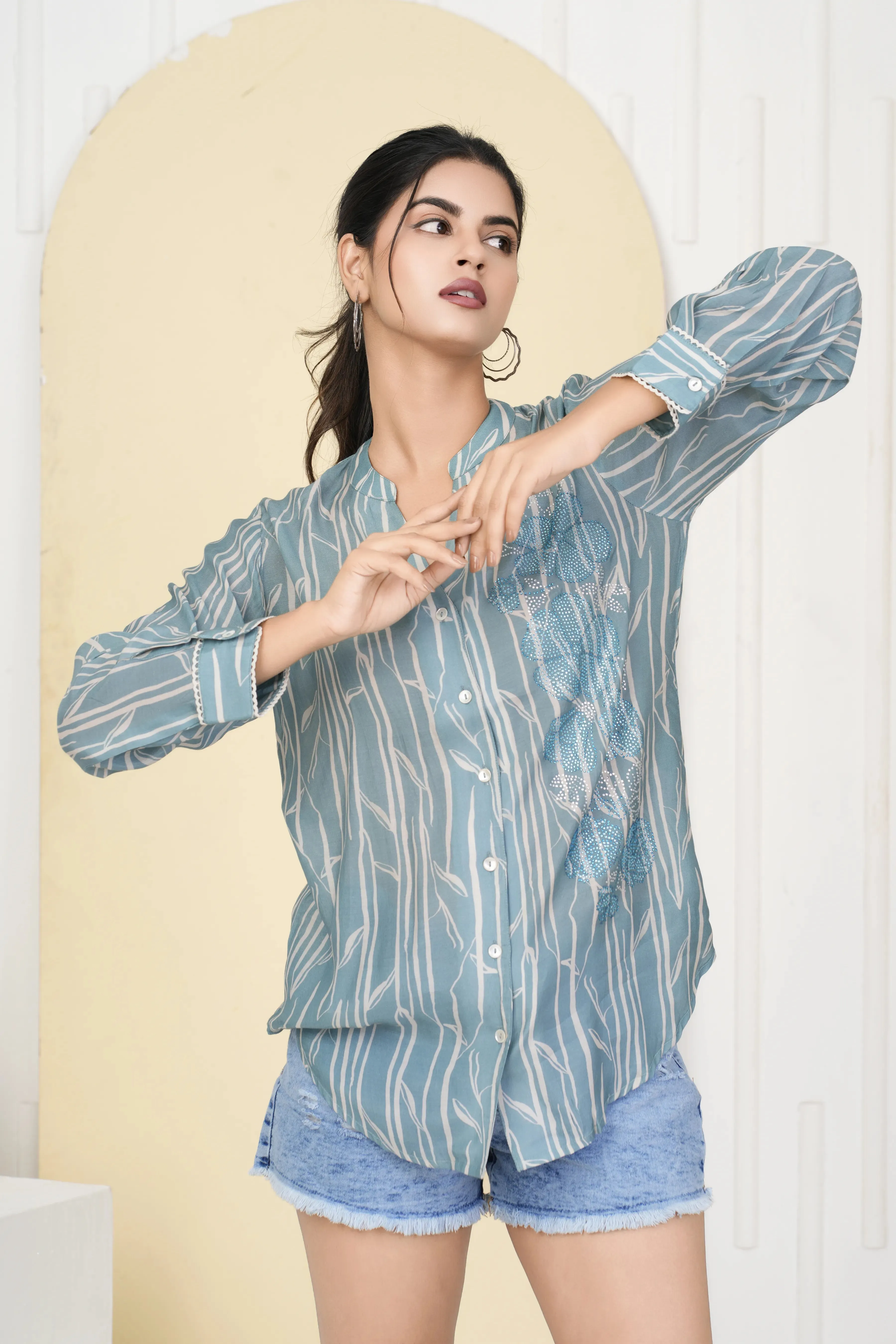 Ice Blue Rhinestone Detailed Floral Motif Shirt