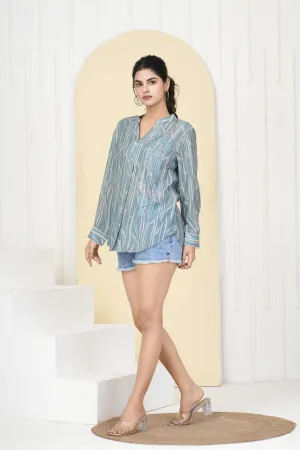 Ice Blue Rhinestone Detailed Floral Motif Shirt