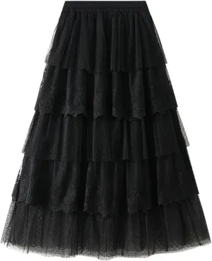Lace Tulle Skirts Elegant Multi-Layer Midi Skirt for Women Weddings Parties A-Line Skirts 2025 Summer Clothes