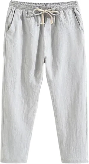 Linen Pants Men Baggy Classic Flat Front Chino Pants Casual Lightweight Straight Leg Summer Beach Trousers