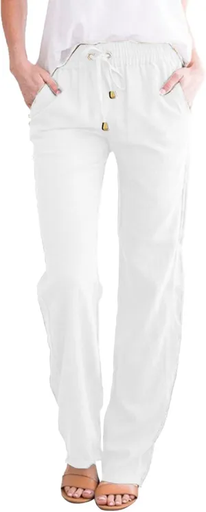 Linen Pants Women Casual Summer Beach Breathable Trousers Cotton Linen Drawstring Elastic Waist Tapered Pants with Pockets