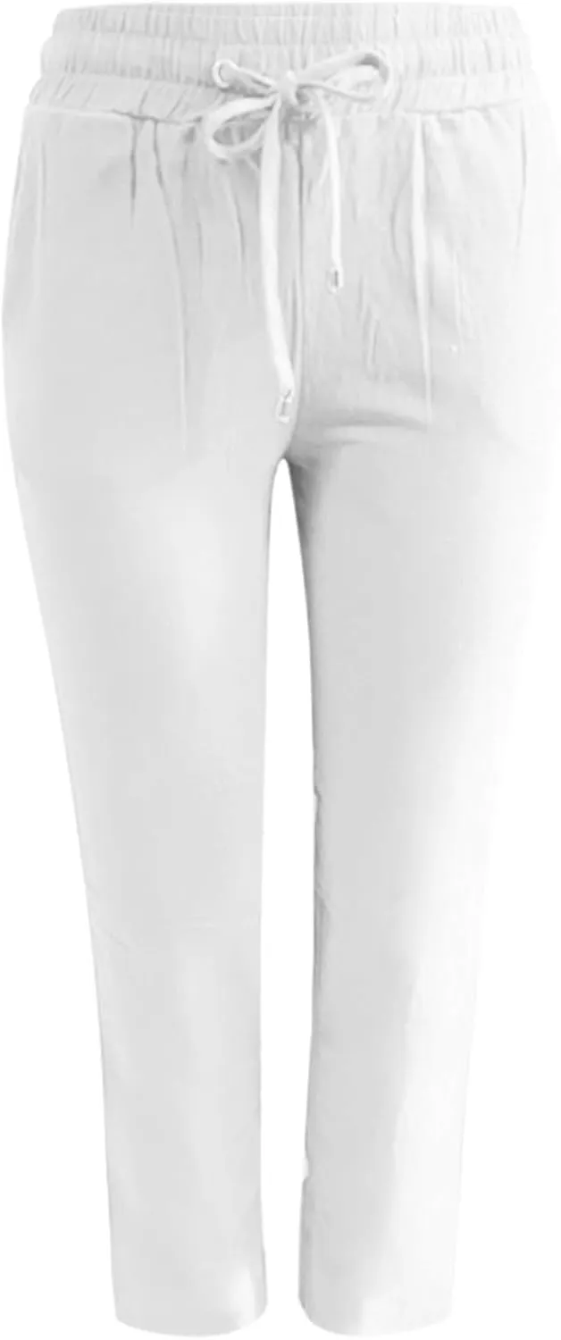 Linen Pants Women Casual Summer Beach Breathable Trousers Cotton Linen Drawstring Elastic Waist Tapered Pants with Pockets