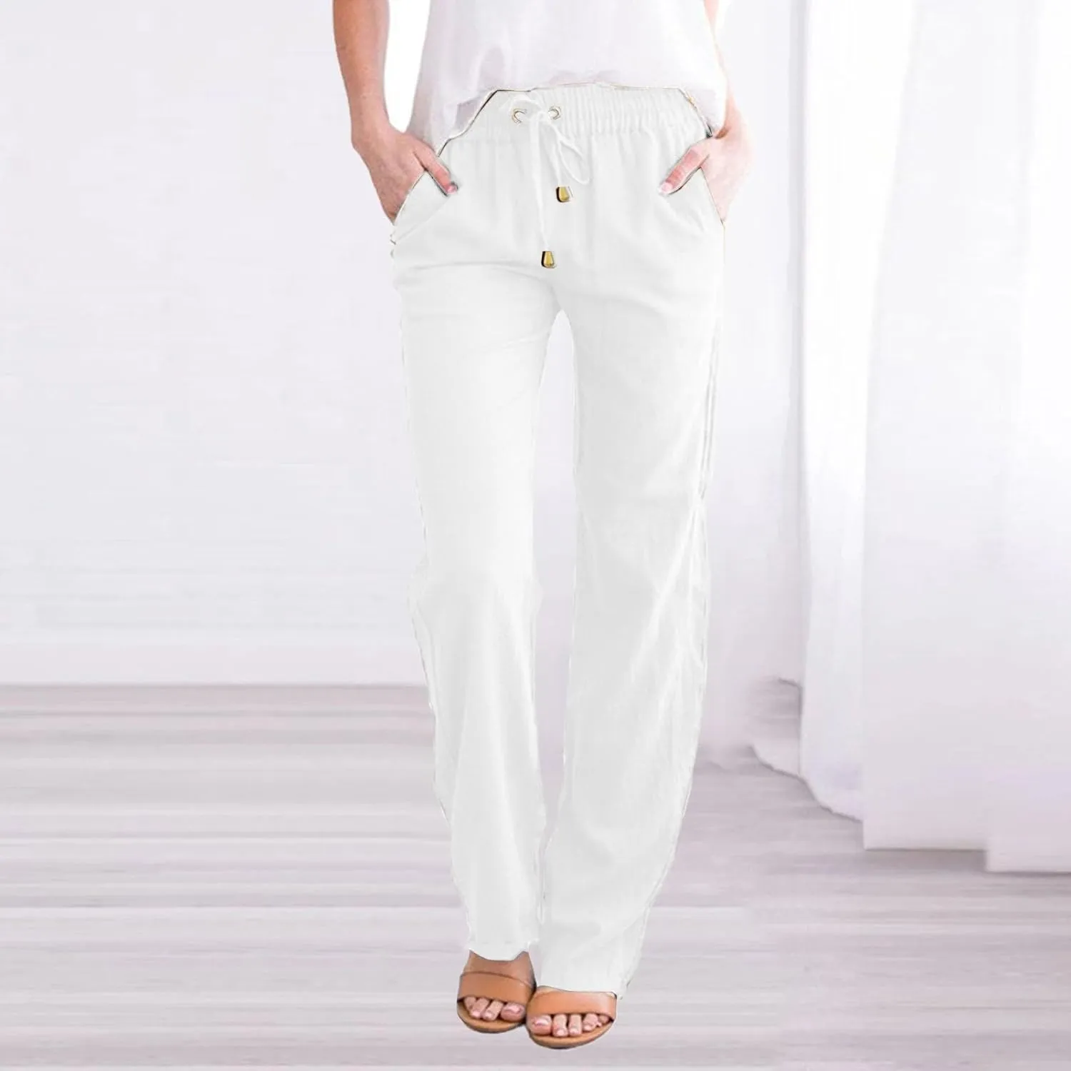 Linen Pants Women Casual Summer Beach Breathable Trousers Cotton Linen Drawstring Elastic Waist Tapered Pants with Pockets