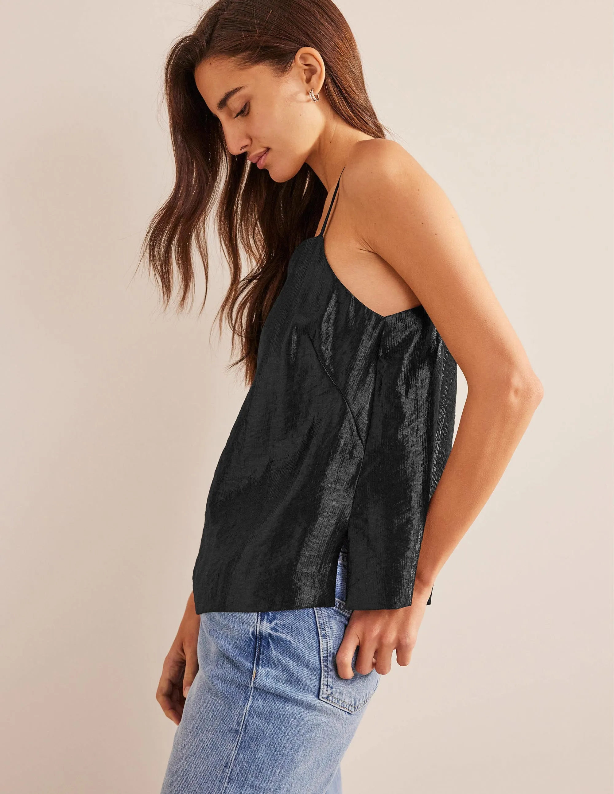 Longerline Satin Cami-Black