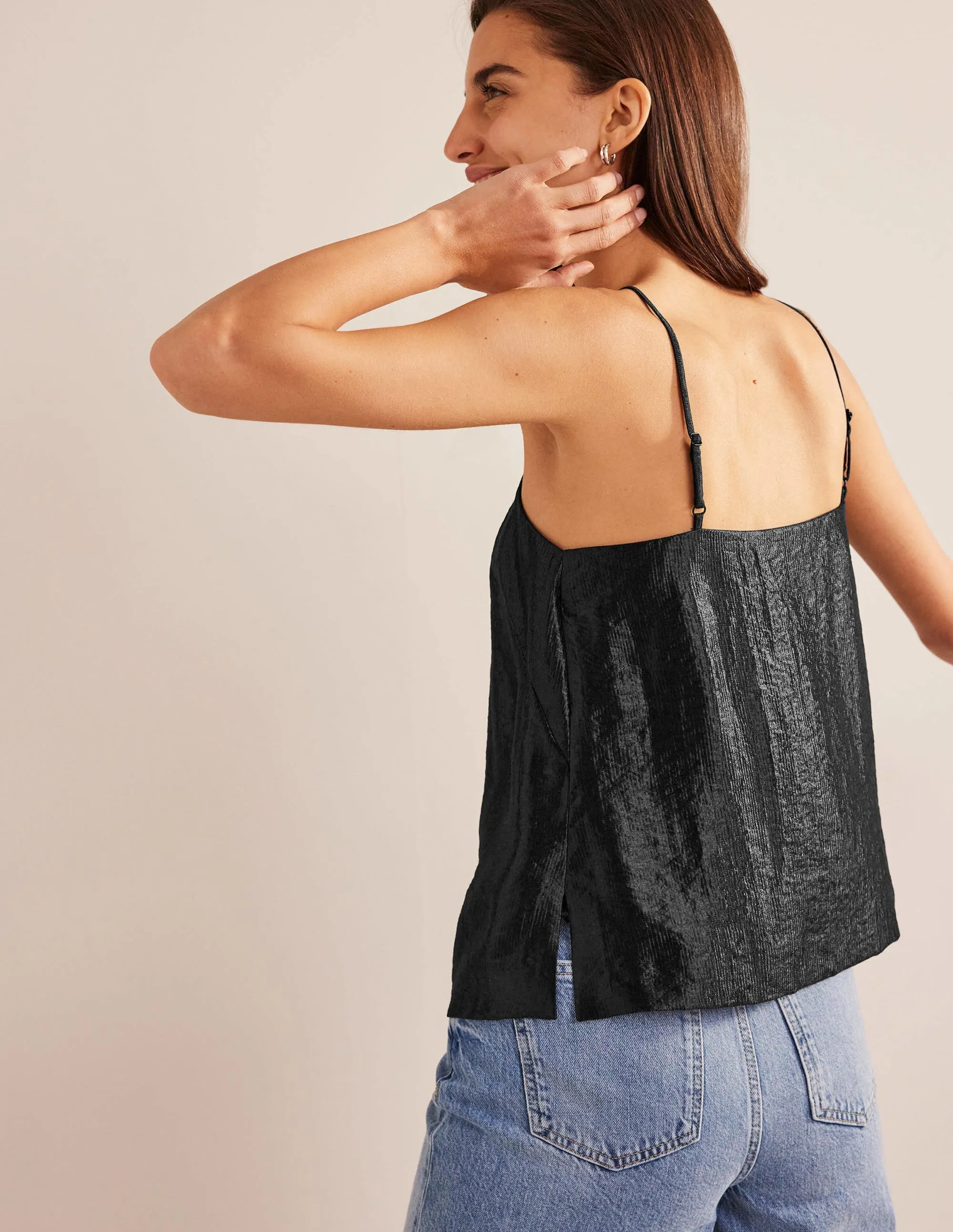 Longerline Satin Cami-Black