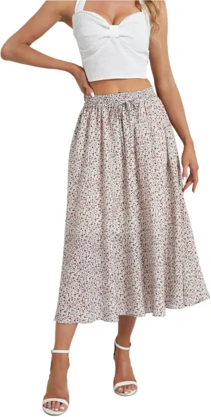 Maxi Skirts for Women with Pockets Long Midi Length Floral Casual Skirt for Beach Party Holiday (White Floral M)