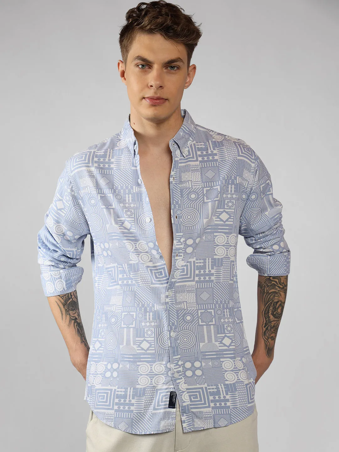 Men's Blue Ethnic Print Spread Collar Long Sleeves Relaxed Fit Casual Shirt