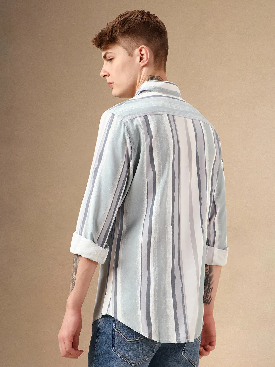 Men's Blue Striped Spread Collar Full Sleeves 100% Cotton Casual Shirt