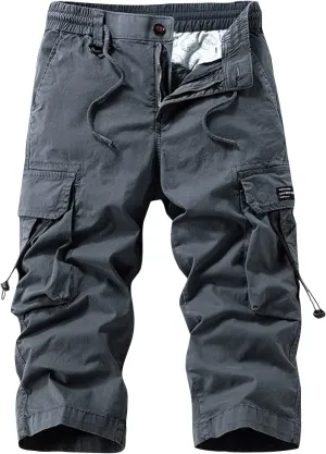 Men's Casual Functional Workwear Cropped Cargo Pants Loose Fit Straight Multi-Pocket Pants
