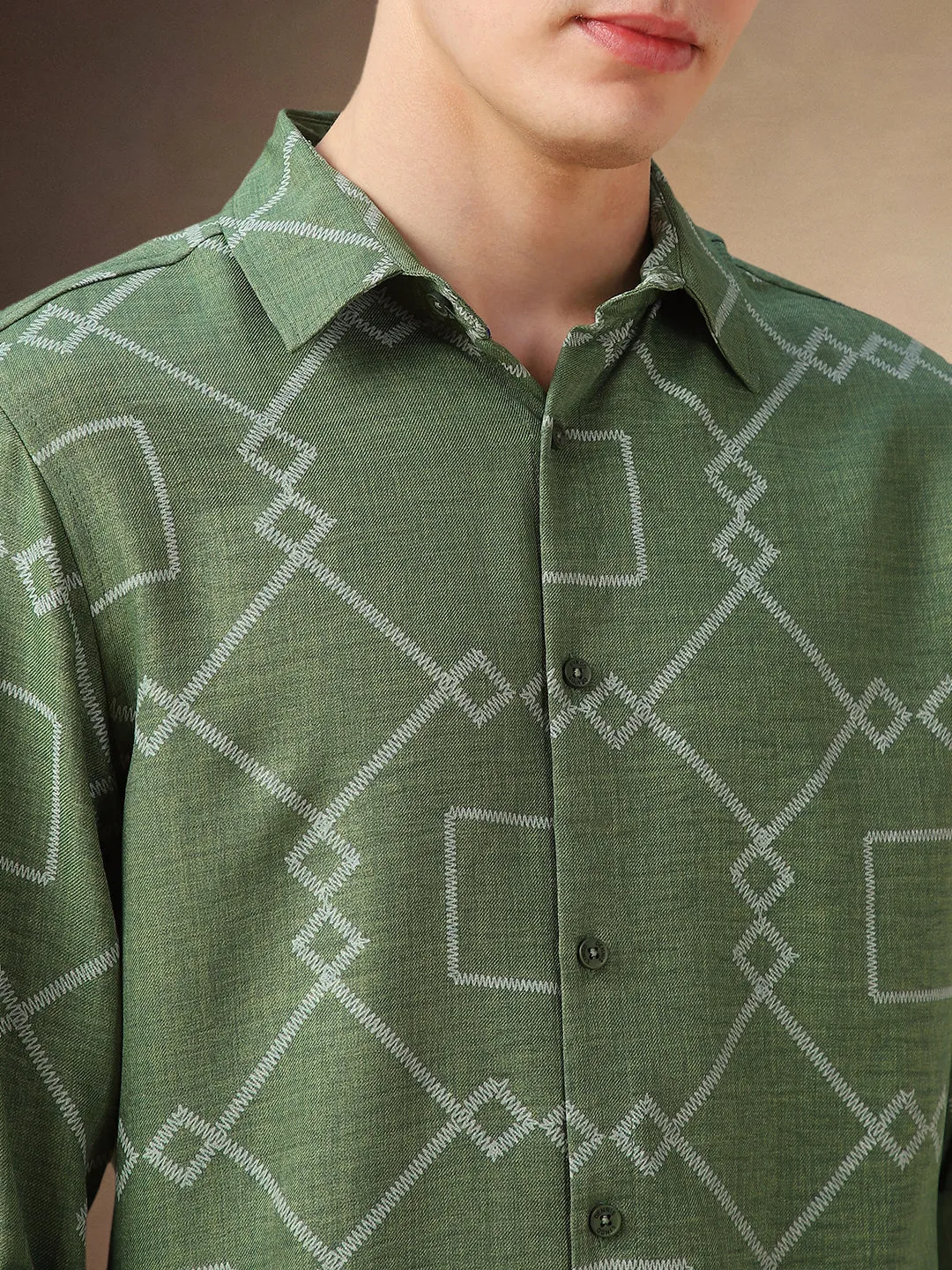 Men's Green Printed Spread Collar Full Sleeves Shirt