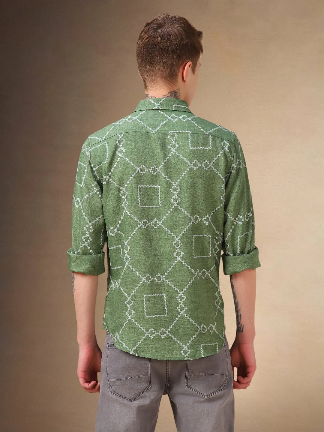 Men's Green Printed Spread Collar Full Sleeves Shirt