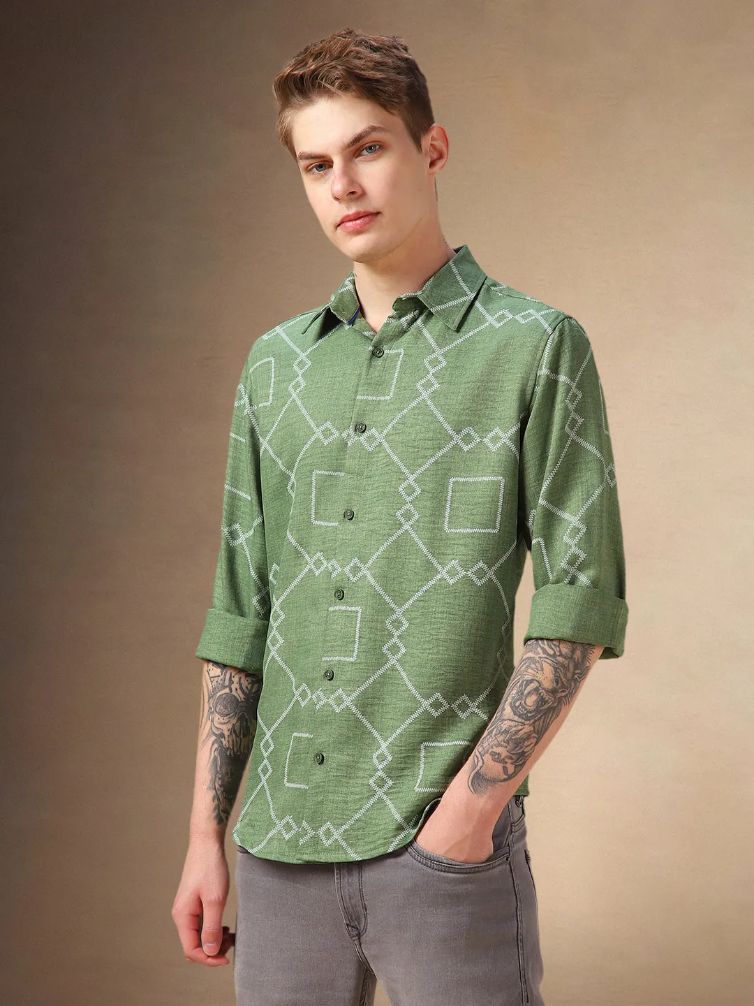 Men's Green Printed Spread Collar Full Sleeves Shirt