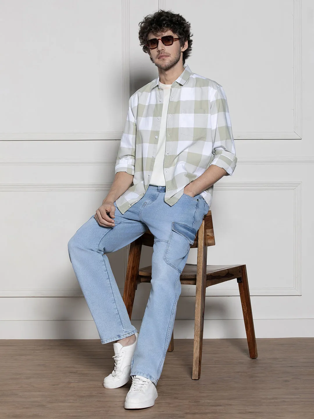 Men's Khaki Gingham Checks Spread Collar Casual Shirt